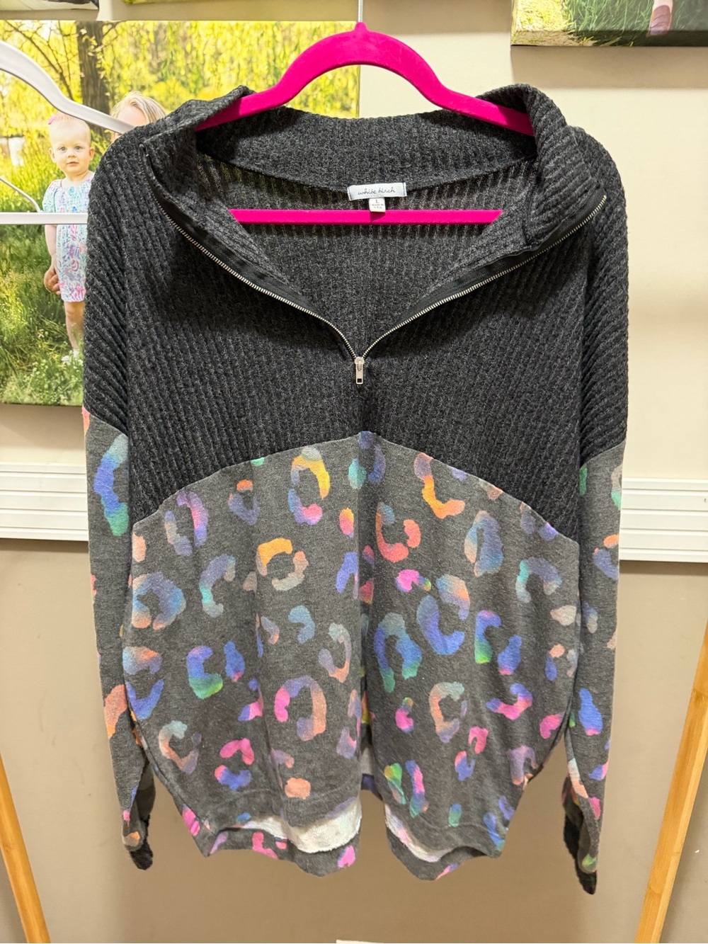 white birch Charcoal Half-Zip Sweater with Multicolor Leopard Print